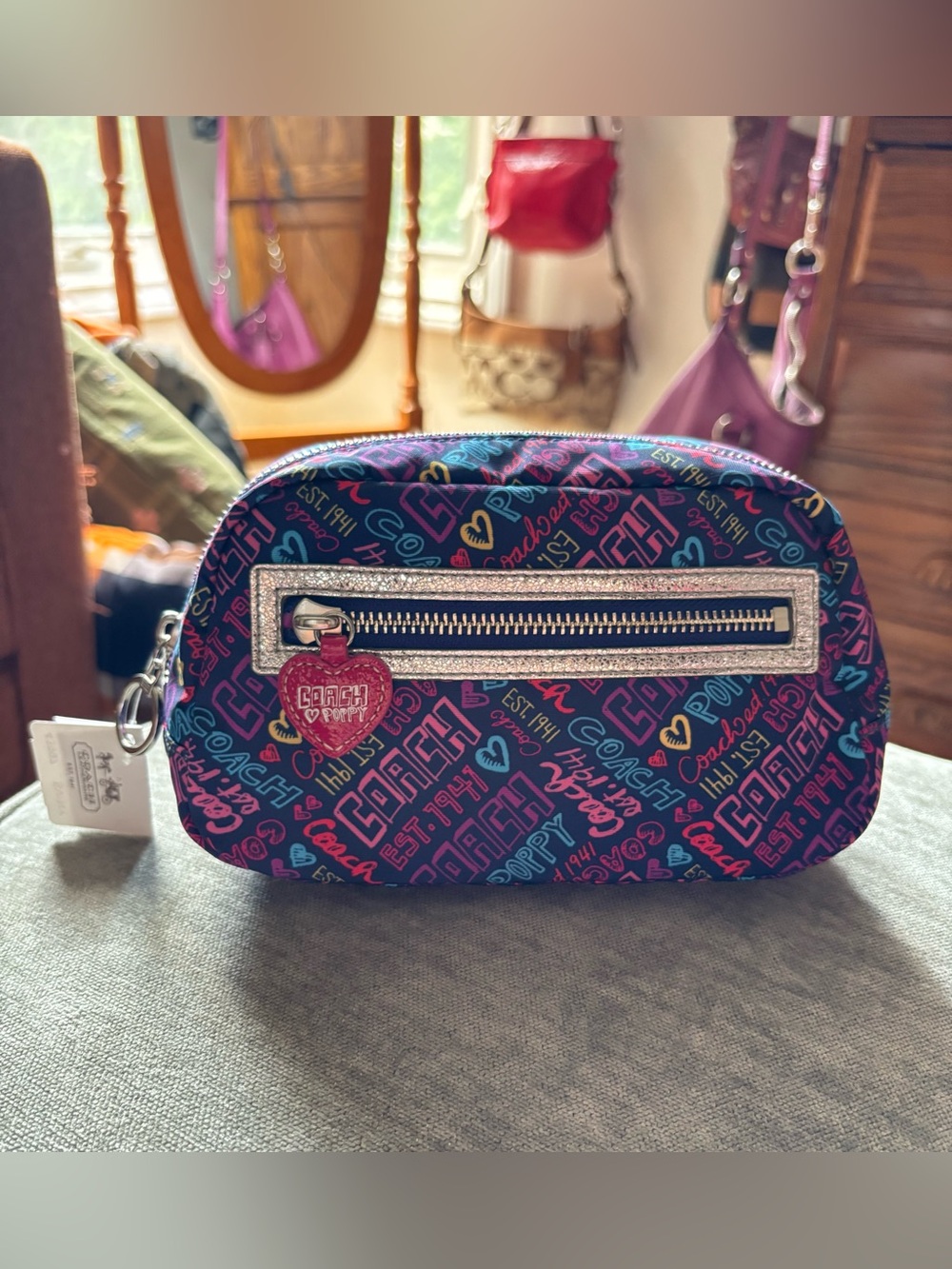 NWT Coach Poppy Graffiti Cosmetic Pouch with Silver Trim
